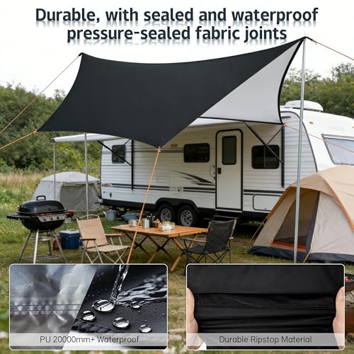 Camping Tent Tarp with Thickened Stainless Steel Bracket - PU 20000mm+ Waterproof Rain Shelter, UPF2000+ Anti-UV Camping Canopy, Portable Sun Shade for Camping, Hiking, Picnic