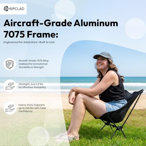 Ultralight Camping Chair, Folding Backpack Chair with Aluminum Frame, Side Pocket & Anti-Sinking Feet, Supports 330 lbs, Camp Chair for Outside, Hiking, Beach, and Travel (Black)