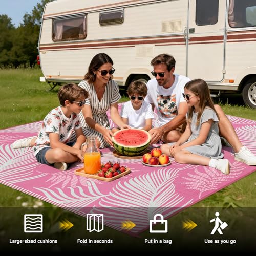 Pauwer Waterproof Outdoor Rug 8x10, Reversible Plastic Straw Patio Camping Rug, Indoor Outdoor RV Mat Carpet for Deck, Camper, Porch, Balcony, Backyard, Picnic, Leaf Pink - color: Leaf Pink, size: 8' x 10' (Rectangular)
