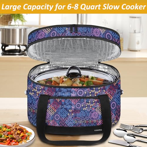 YOREPEK 2 Layer Slow Cooker Carrier, Compatible with 6, 7, 8 Quart Crock-Pot, Insulated Large Slow Cooker Travel Bag with Bottom Pad Lid Fasten Straps, for Family Gathering Potluck, Gift for Women - color: Colorful