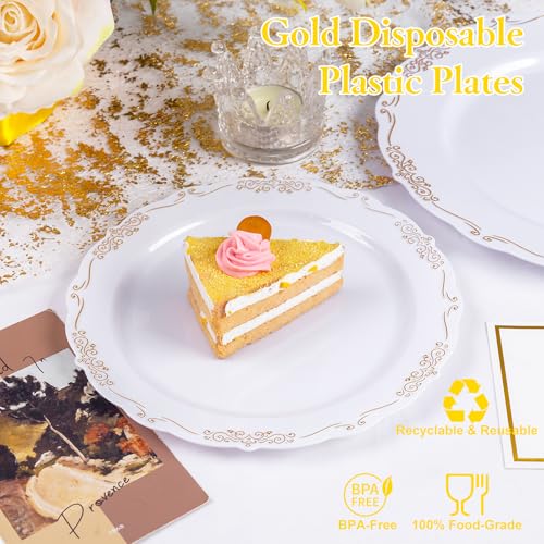 U-QE 100PCS Gold Plates Disposable - Heavy Duty White and Gold Plates Including 50PCS 10'' Dinner & 50PCS 7.5'' Dessert Plates Perfect for Upscale Party, Wedding - color: White Gold