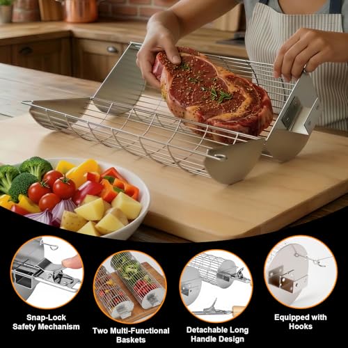 TNTOR Rolling Grill Basket, Larger 304 Stainless Steel Nesting Grilling Net, Removable Handle, BBQ Accessories Tools for Veg Shrimp, Outdoor Cooking Camping grilling gifts for men Dad Husband