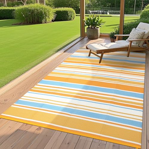 GarveeHome 9x12 Outdoor Rug Modern Geometric Reversible Plastic Straw Outdoor Rugs Colorful Striped Indoor Outdoor Carpet UV Resistant Stain Large Rug for Balcony Deck Beach, Orange Yellow Blue White - color: Geometric Stripes| Orange Yellow Blue White, s
