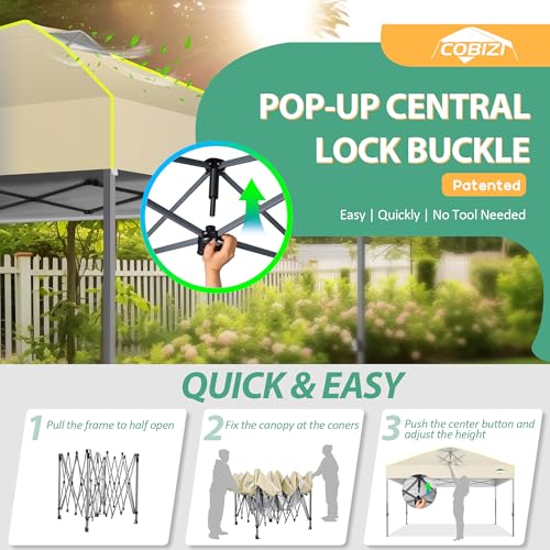 COBIZI Canopy 10x10 Pop Up Canopy Tent 1-Button Push Easy up Outdoor Canopy Instant Portable Commercial Shelter Waterproof UPF50+ Gazebo with Reflective Strip, Air Vent & 4 Sandbags,Khaki - color: Khaki(1-year warranty), size: 10x10ft With No Sidewalls