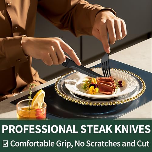 EWFEN 24-Piece Black Silverware Set with Steak Knives, Black Flatware Set for 4, Food-Grade Stainless Steel Tableware Cutlery Set, Mirror Finished Utensil Sets for Home Restaurant, Long Edge - style: Long Edge