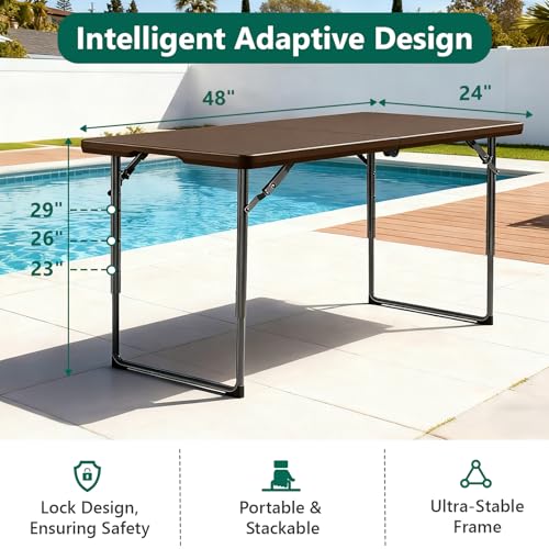 Folding Table 4ft - Heavy Duty Fold-in-Half Plastic Table with Adjustable Height, Portable Utility Tables with Steel Legs for Indoor, Outdoor, Picnic, Camping, Dining, Party(Brown) - color: Brown, size: 4ft