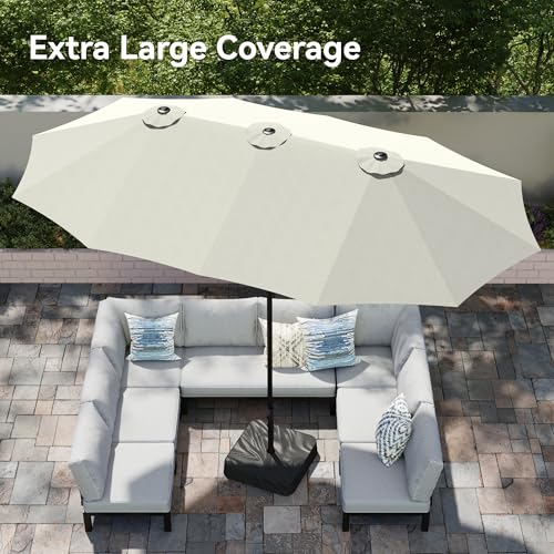 PHI VILLA 15ft Large Patio Umbrellas with Base Included, Outdoor Double-Sided Rectangle Market Umbrella with Stand, Outside Umbrellas for Poolside Lawn Backyard, Ivory - color: Ivory