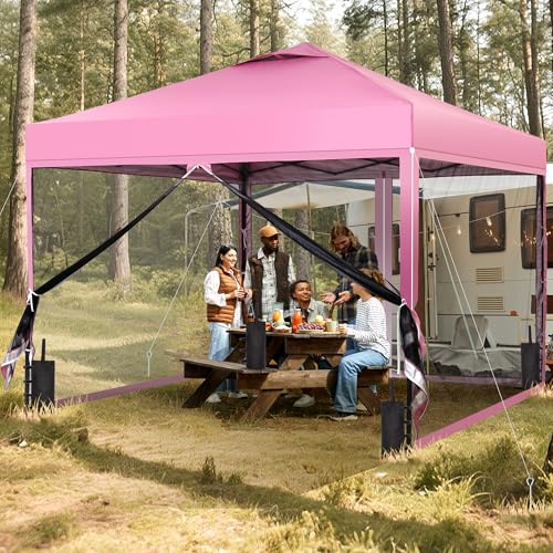 GDY 10x10 Pop up Canopy Tent with Mosquito Netting, Easy up Gazebo for Patio, Camping and Garden, Includes 4 Sandbags, Pink - color: Pink, size: 10x10 with Mosquito Netting