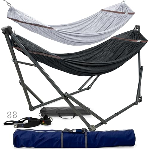 Tranquillo Combo x2 Hammocks with Stand for Outside & Tree Straps, Heavy Duty Hammock with Stand 600lbs for Indoor Outdoor Patio Backyard, x2 Hammocks for 2 Person (Combo - Black, Medium) - color: Combo - Black