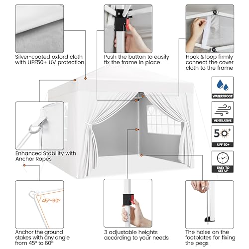 Yaheetech 8x8 Pop Up Canopy with 4 Removable Sidewalls, Portable Enclosed Instant Tent, Waterproof Outdoor Tent, Beach Sun Shelter with 4 Sandbags, 8 Stakes & 4 Ropes, White - color: White, size: 8x8