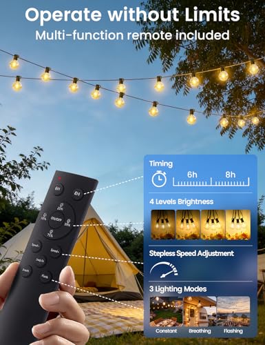 Brightever 120FT Solar String Lights Outdoor with Remote, Waterproof Dimmable 3 Modes Outdoor Lights with 50+2 LED Shatterproof G40 Bulbs, Solar Power Patio Lights for Outside Wedding Party Decor - size: 120FT