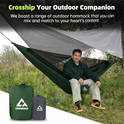 Camping Hammock with Mosquito Net and RainFly Tarp - 2 Person Hammock, Portable Parachute Nylon Hammock for Outdoor, Hiking, Backpacking, Backyard, Travel (Up to 500lbs) - Forest Green - color: Forest Green
