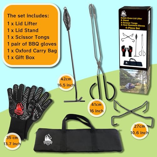 5-in-1 Dutch Oven Camping Accessories Kit - Campfire Cooking Equipment with Heat-Resistant Gloves, 16" Scissors Tongs, Lid Lifter, Lid Stand & Trivet | BBQ Tools, Outdoor Camping Cookware - size: 5 Piece Set