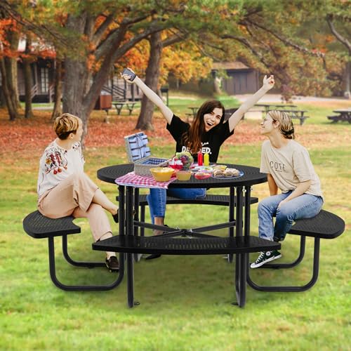 46-inch Black Round Outdoor Picnic Table with Umbrella Hole - Heavy Duty Coated Steel Metal Patio Dining Set for Garden, Courtyard, BBQ & Commercial Use - color: Black-round