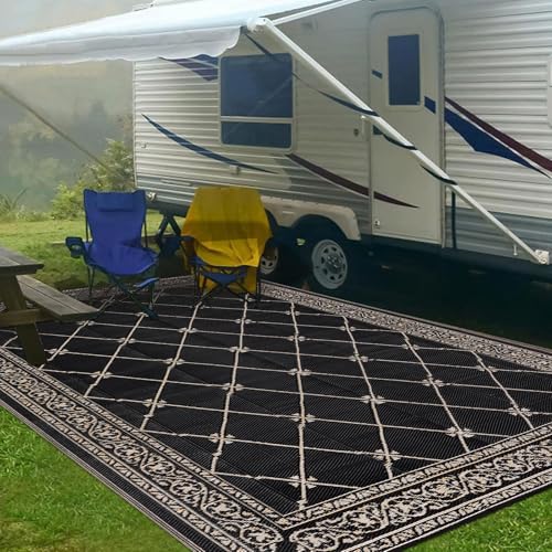 Outdoor Rug 8'x10' for Patios Waterproof Patio Rugs Outdoor Mats for Front Porch,Beach Mat,Reversible Plastic Straw Camping Rugs for Outside RV,Deck,Balcony,Backyard，Black&Beige - color: Black&beige&orange, size: 8' x 10'