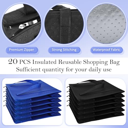 10 Pack Large Insulated Grocery Bags Reusable Shopping Bags with Zippered Top 13 x 12 x 7 Inch Thermal Cooler Totes Bulk with Handles for Hot Cold Food Delivery Refrigerator (Blue and Black) - color: Blue and Black