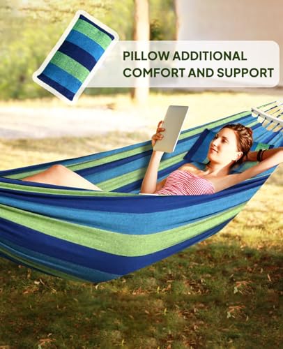 Chihee Hammock for Stand 9.8ft x 4.9ft Soft Cotton Hammock Holds Up to 660lbs Portable Tree Hammocks with Detachable Spreader Bar Pillow 2 Strong Webbings 2 Carabiners Patio Garden Indoor Outdoor - color: Blue/Green Stripes, size: 300x150cm