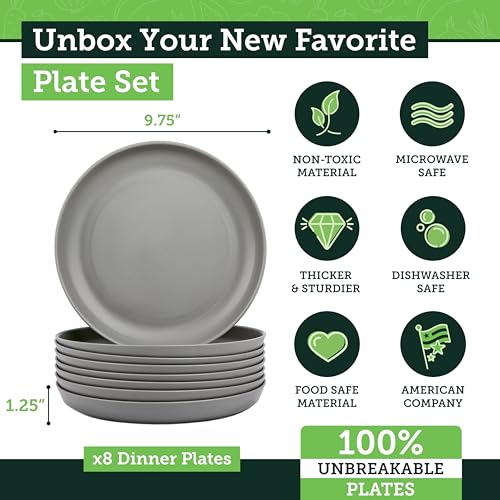 Grow Forward Premium Wheat Straw Plates - 10 Inch Reusable Hard Plastic Dinner Plates Set of 8 - Unbreakable Microwave Safe Plates for Dessert, Camping, RV, Outdoors, Patio, Kitchen Dishes - Feather - color: Feather Grey, size: 10 inch