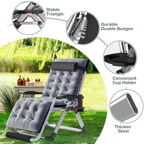 NAIZEA Widened Zero Gravity Chair 29" XL,Oversized Outdoor Lounge Chairs, Folding Reclining Camping Chairs with Cup Holder, Ergonomic Patio Lawn Chair for Balcony Beach Deck Yard - color: Ash Gray Widened, style: Zero Gravity Chair 2 Pack