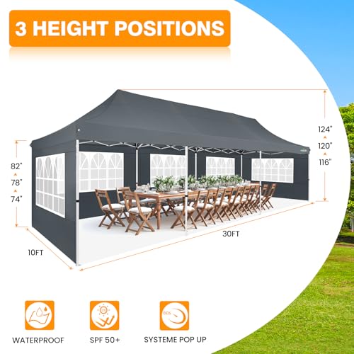 COBIZI 10x30 Pop up Canopy with Roller Bag & 8 Removable Sidewalls, Canopy Tent for Parties, Wedding, and Commercials, Waterproof and Instant Shelter UV50+ Outdoor Gazebo with 4 Sandbags(Gray) - color: Gray, size: 10x30FT