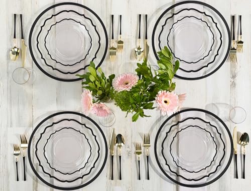 PLASTICPRO 32 Pack Elegant Disposable Plastic Plates Combo Set Includes 16 Dinner Plates and 16 Salad Plates Heavy Duty Fancy Party Plates Clear & Black Contemporary Design - color: Clear & Black Contemporary
