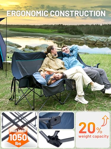 Timber Ridge 3 Person Camping Chair with Cup Holders and Pockets, Outdoor Folding Loveseat Camping Chairs, 1050lbs Capacity Heavy Duty Camp Couch for Outside Picnic, Beach, Lawn, Sports, Blue - color: 3 Person Blue