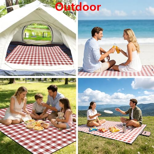 Large Cute Gingham Picnic Blanket Outdoor Waterproof Camping Picnic Mat Foldable Sand Proof Beach Blanket 77"X58" Portable Rug for Picnics Beach Lawn Grass Hiking Concerts Tent Play Mat, Red & White - color: Red & White Plaid