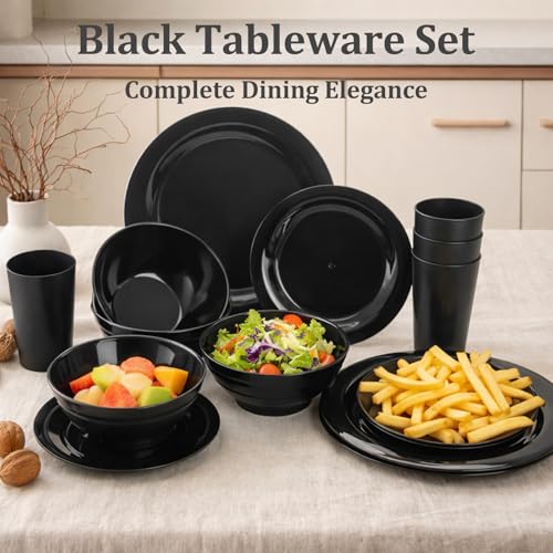 WRINGKIT 16 Pieces Plastic Dinnerware Set for 4, Unbreakable Plates and Bowls, Lightweight Black Plates Bowls with Cups, Reusable Dishes Set for Camping, Kitchen, Dorm, Dishwasher Microwave Safe