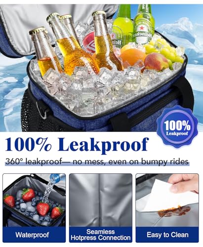Insulated Lunch Bag for Men & Women, Double Leakproof Lunch Box Soft Cooler Tote with 5 Pockets, 600D Oxford, EVA Lining, Adjustable Strap for Work, Picnic, Beach&Travel-Navy Blue - color: Navy Blue, size: Double