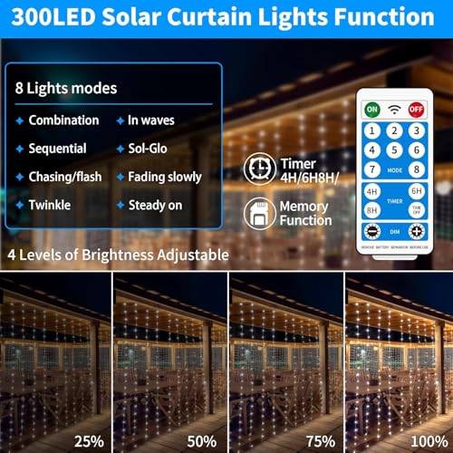 Solar Curtain Lights 10*10Ft 300LED Waterproof Waterfall Light with 8 Modes Remote Type C Charging Dimmable Timer Twinkle Fairy String Lights for Outdoor Christmas Gazebo Wedding Party Pergola Patio - color: 300LED Cool White