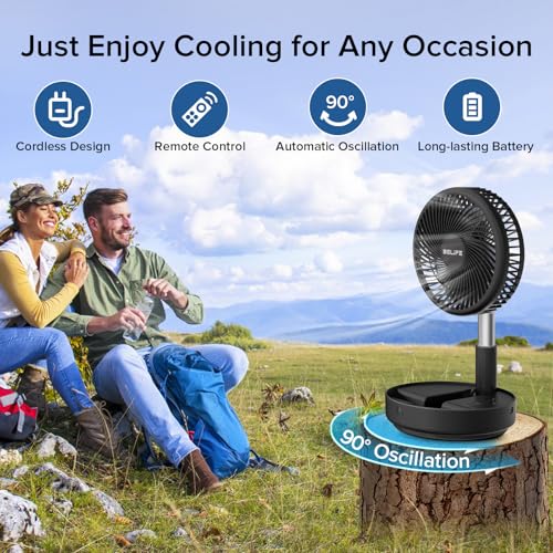 Belife X8 Portable Fan, 7200mAh Battery Powered Rechargeable, Oscillating USB Desk Floor Fan with Remote, Foldable Telescopic Fan for Home Bedroom Sleeping Office Camping Travel, 7.7" (Black) - color: Black, style: Oscillating