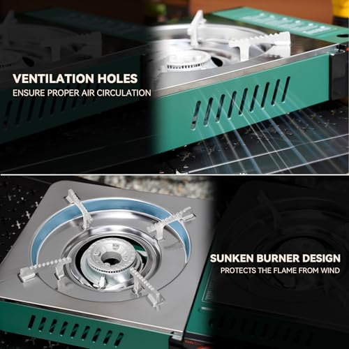 Butane Gas Stove with Carrying Case, Small Portable Camping Stove for Patio Cooking Camping Hiking RV Trip Tailgating Emergency Use, Green GS347 - size: 13.5"