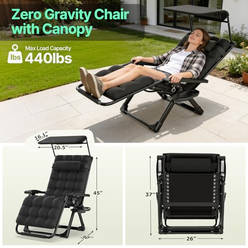 Suteck Zero Gravity Chair with Canopy, Reclining Camping Lounge Chair w/Removable Cushion, Upgraded Lock and Cup Holder, Reclining Patio Chairs Folding Recliner for Indoor and Outdoor - color: 26inch Black With Canopy
