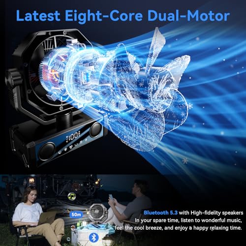 Portable fan rechargeable with 5.3 Bluetooth Speaker, 25000mAh Camping Fan with 5 Speed Touch Control & 3-Mode LED Light, Remote, USB/Type-C Ports, 1-8H Timer for Party, Travel, BBQ, Indoor, Outages - color: Black