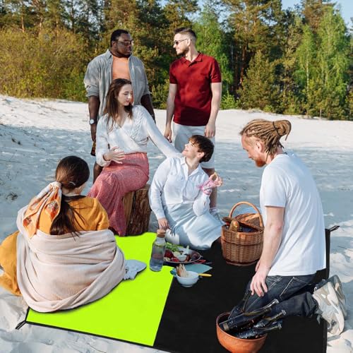 Frelaxy Pocket Picnic Blanket, Waterproof Sandproof Beach Mat, Compact Camping Tarp for Festivals, Hiking, Travel, Outdoor Recreation (Neon Green & Black, 57'' x 71'') - color: Neon Green & Black, size: 57'' X 71''