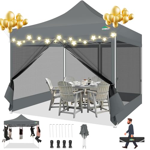 COBIZI 10x10 Canopy Tent with 4 Sidewalls,Heavy Duty Pop up Canopy with Mosquito Netting,Easy up Screen Tent for Parties Wedding Outdoor Camping with Handbag,Gray - color: Gray, size: 10x10FT(Standard)