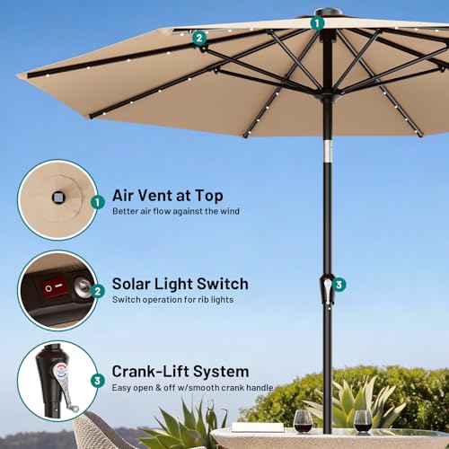 AreShark 9FT Patio Umbrella with Solar Lights, 32 Lighted Pool Umbrella w/Tilt and Crank, Outdoor Market Solar Umbrellas for Garden, Deck, Backyard, Pool and Beach, Beige - color: Beige, size: 9 Ft