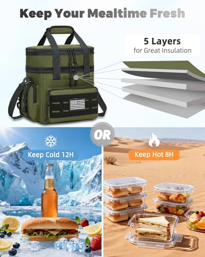holuxer Tactical Lunch Bag & Lunch Box for Men - Large Double Deck Expandable Insulated Soft Adult Lunchbox for Work - Cooler Bag for Beach, Picnic, Camping,Outdoor，Travel (Green,16L) - color: Green, size: Large