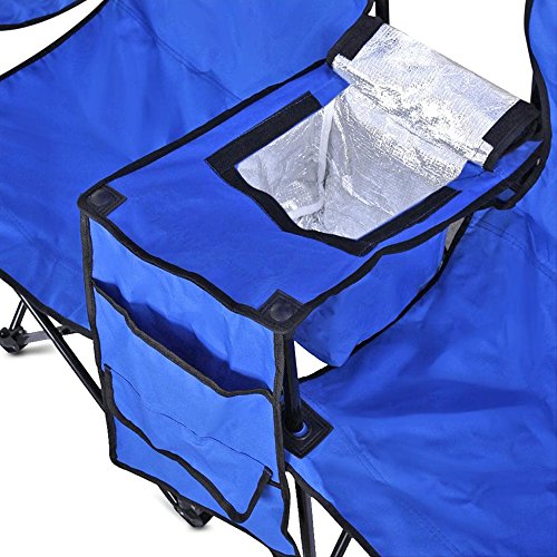 GoTEAM! Portable 2-Seat Folding Camp Chair with Cooler, Umbrella & Cup Holders – Outdoor Picnic, Beach, or Tailgate Seating – Carry Case Included - color: Blue