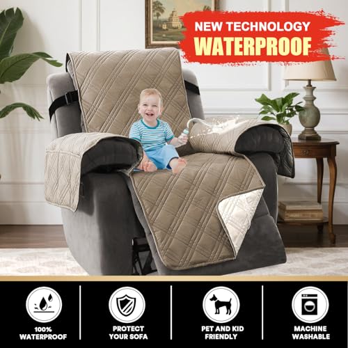 PrinceDeco Recliner Cover 100% Waterproof Couch Cover Sofa Cover for Living Room Water Resistant Furniture Protector with Elastic Straps for Pets Dog(Recliner28,Taupe) - color: Taupe, size: Recliner