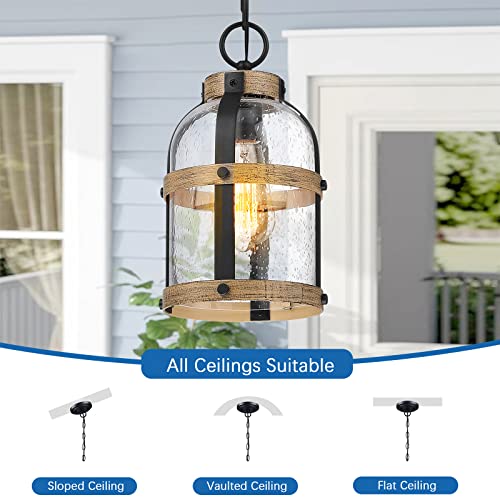 Outdoor Pendant Light for Porch,Modern Exterior Hanging Lantern with Adjustable Chain, in Black and Wood Grain Finish with Seeded Glass for Front Door,Entryway,Farmhouse (Wood Grain) - color: Wood Grain