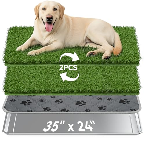 Dog Grass Pad with Tray Large, 35" x 24" Stainless Steel Dog Litter Box with 2 Premium Grass Pads & Reusable Pee Pad - Durable, Rust-Proof, Easy Clean Dog Toilet for Large Dogs Indoor Outdoor Use - size: 35" x 24"