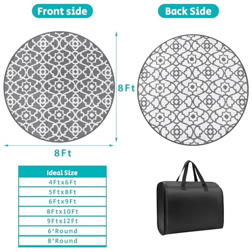 HEBE Outdoor Rug Waterproof 8ft, Plastic Straw Rug Camping Rug, Reversible Outdoor Patio Rugs RV Mat Clearance, Indoor Outside Floor Carpet for Porch,Deck,Camper,Balcony,Backyard - color: Grey, size: 8' (Round)