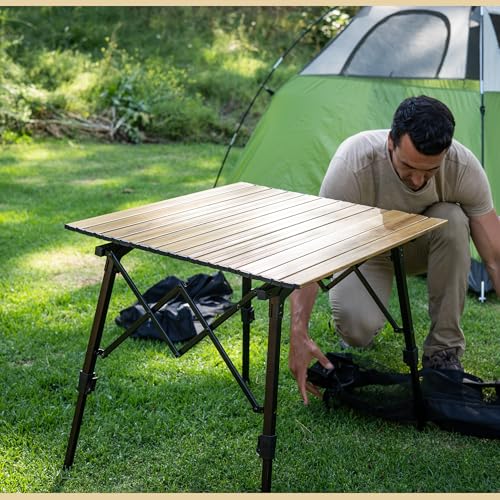 ARROWHEAD OUTDOOR 2-Pack 39" Aluminum Folding Camp Roll Up Table w/Adjustable Height, Undertable Mesh Storage, Carry Bag - color: Wood Grain 2pack