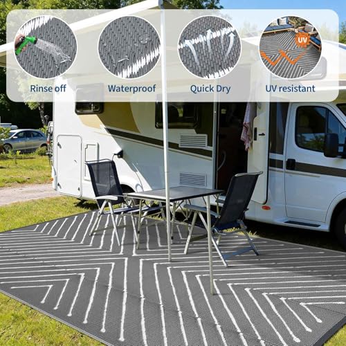Garvee Grey 6x9 Striped Outdoor Rug Waterproof Reversible Straw Patio Carpet, Geometric Lightweight Foldable RV Camping Mat for Porch, Deck, Patio, Beach, Picnic Quick Gry&Easy to Clean, Grey&White. - color: Greywhite, size: 6' x 9' (Rectangular)