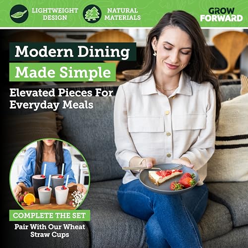 Grow Forward Premium Wheat Straw Plates - 8 Inch Reusable Hard Plastic Dinner Plates Set of 8 - Unbreakable Microwave Safe Plates for Dessert, Camping, RV, Outdoors, Patio, Kitchen Dishes - Feather - color: Feather Grey, size: 8 inch