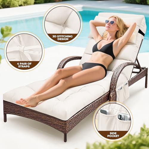 Outdoor Chaise Lounge Chair Cushion, Waterproof Outdoor Chair Cushions for Patio Furniture, 71 x 21 x 4 Inches Replacement Chaise Lounge Cushion with Ties (Cream) - color: Cream