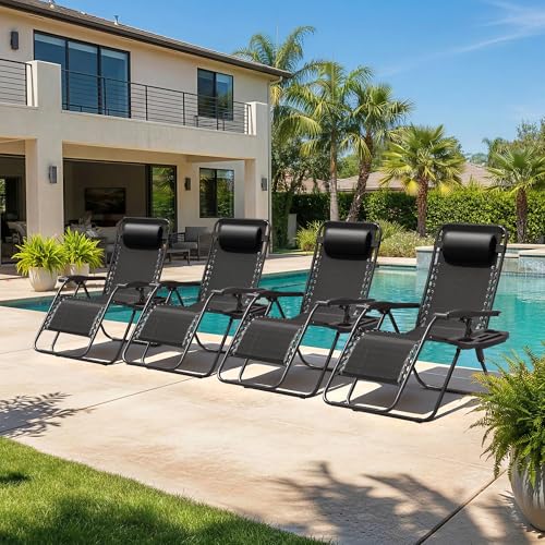 Homall Zero Gravity Chair Patio Folding Lawn Outdoor Lounge Gravity Camp Reclining Lounge Chair with Cup Holder Pillows for Poolside Backyard and Beach Set of 4 (Black) - color: Black, size: 4 PCS