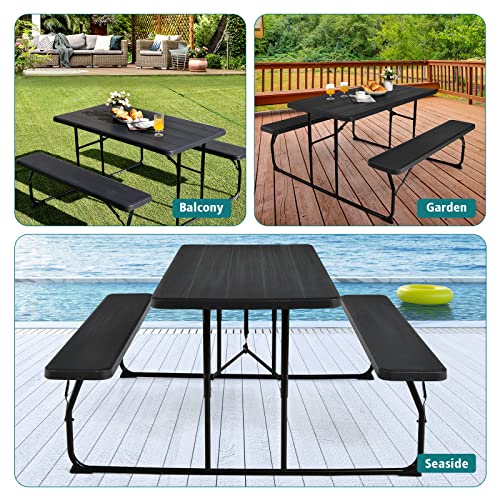 S AFSTAR Folding Picnic Table Bench Set, Foldable Picnic Table with 2 Benches, Outdoor Table and Bench W/Steel Frame & Wood-Like Texture Tabletop, Camping Table Chair Set for Garden Patio Lawn (Black) - color: Black
