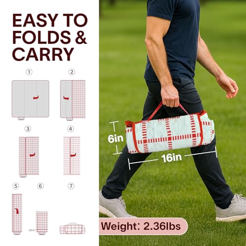 Alvantor® Extra Large Picnic Blanket, 80"x80" Waterproof Outdoor Blanket, Foldable Camping Blanket with Hook & Loop Straps, Portable for Beach, Park, Travel, Sandproof, Soft & Durable,Red - color: Red and White